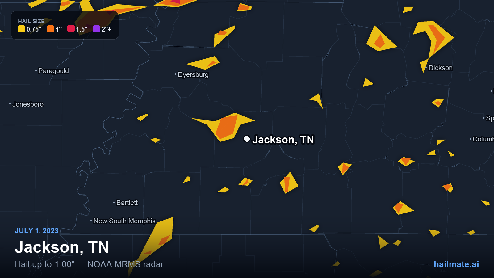 Hail swath map for Jackson, TN on July 1, 2023 showing 1.00 inch hail.