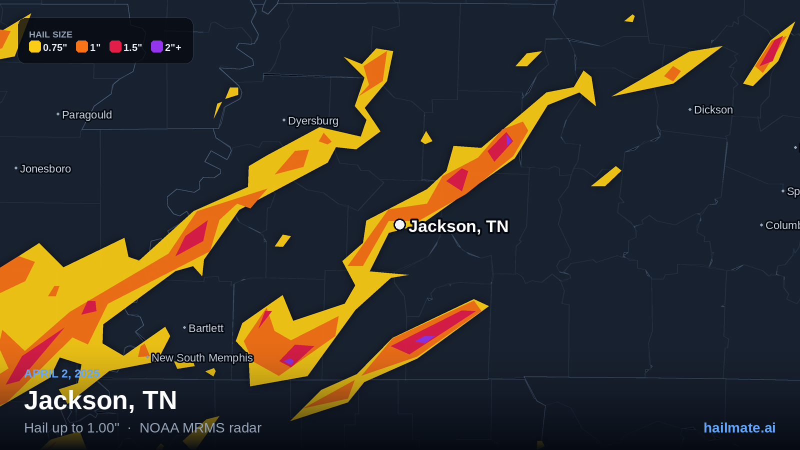 Hail swath map for Jackson, TN on April 2, 2025 showing 1.00 inch hail.