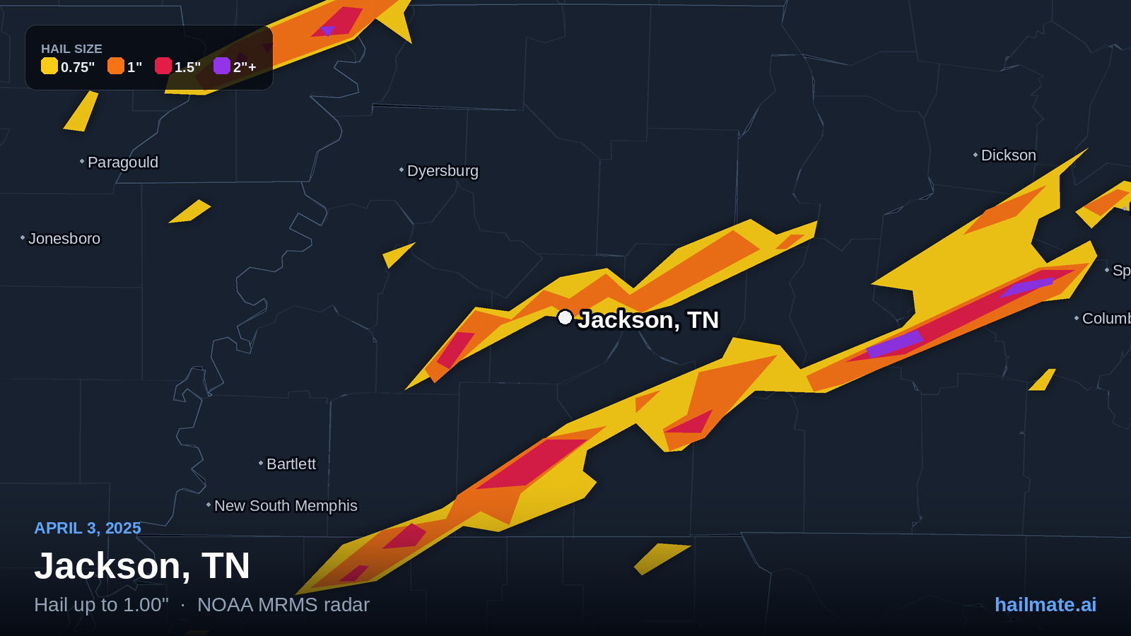 Hail swath map for Jackson, TN on April 3, 2025 showing 1.00 inch hail.