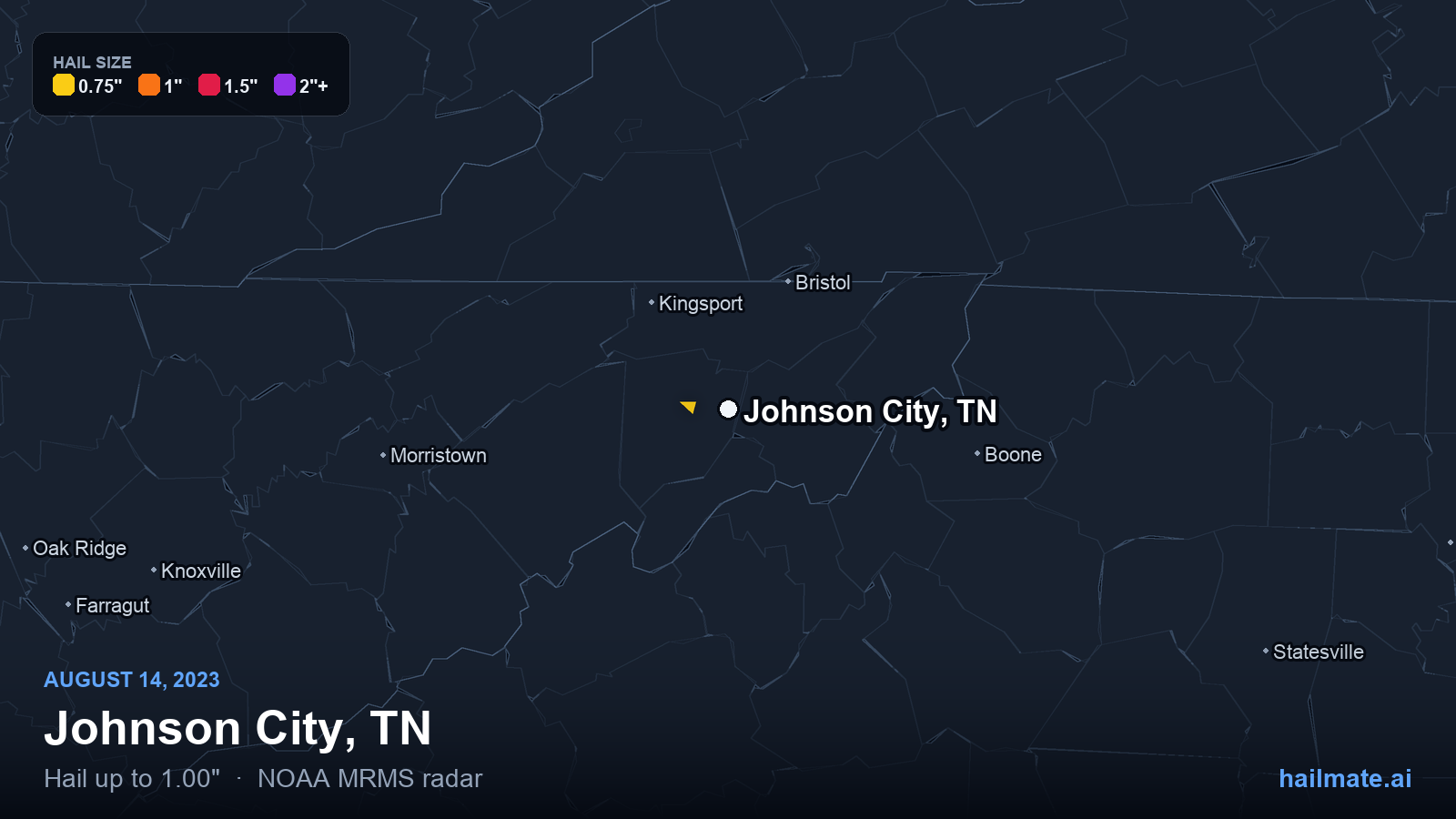 Hail swath map for Johnson City, TN on August 14, 2023 showing 1.00 inch hail.