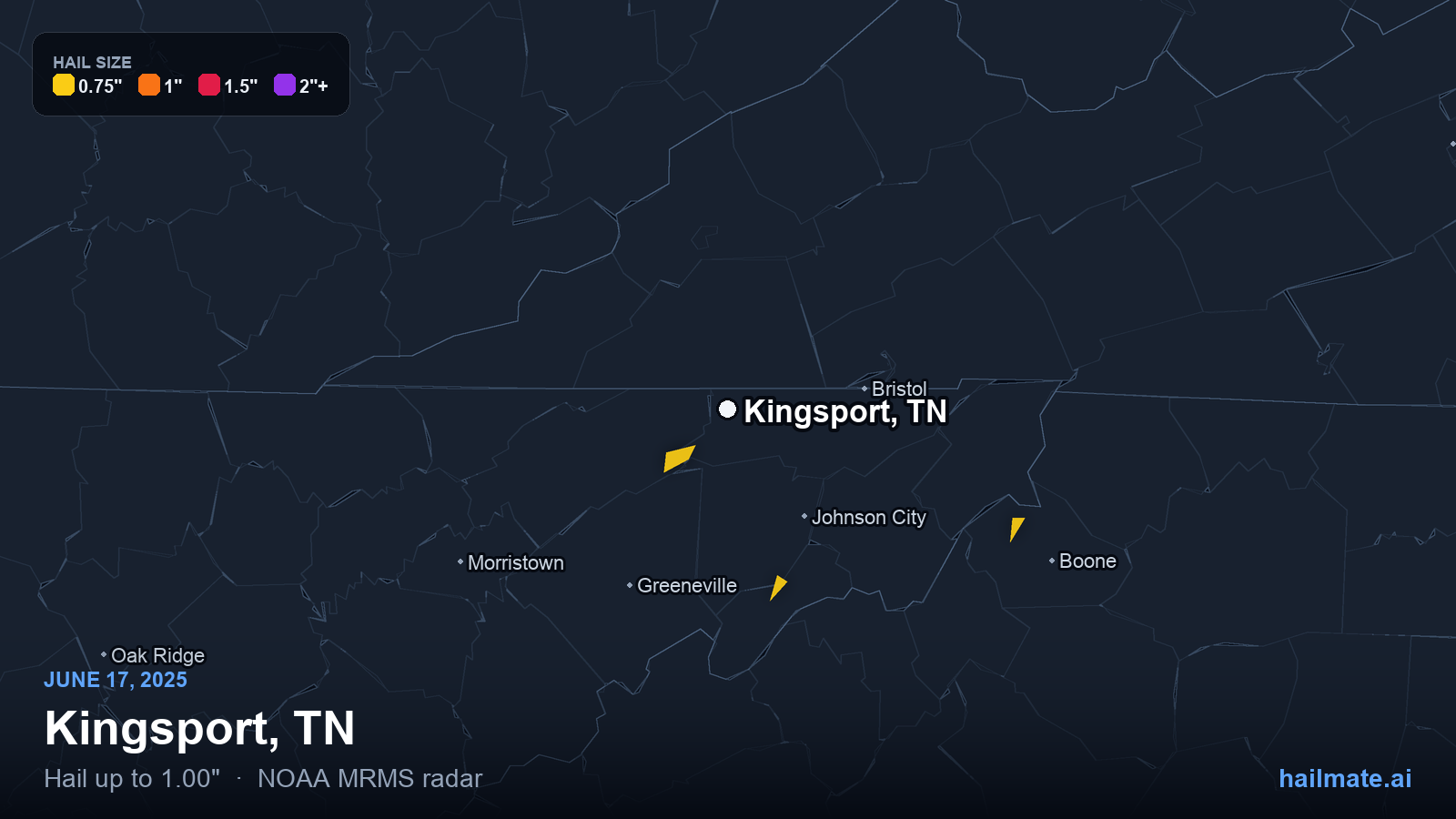 Hail swath map for Kingsport, TN on June 17, 2025 showing 1.00 inch hail.