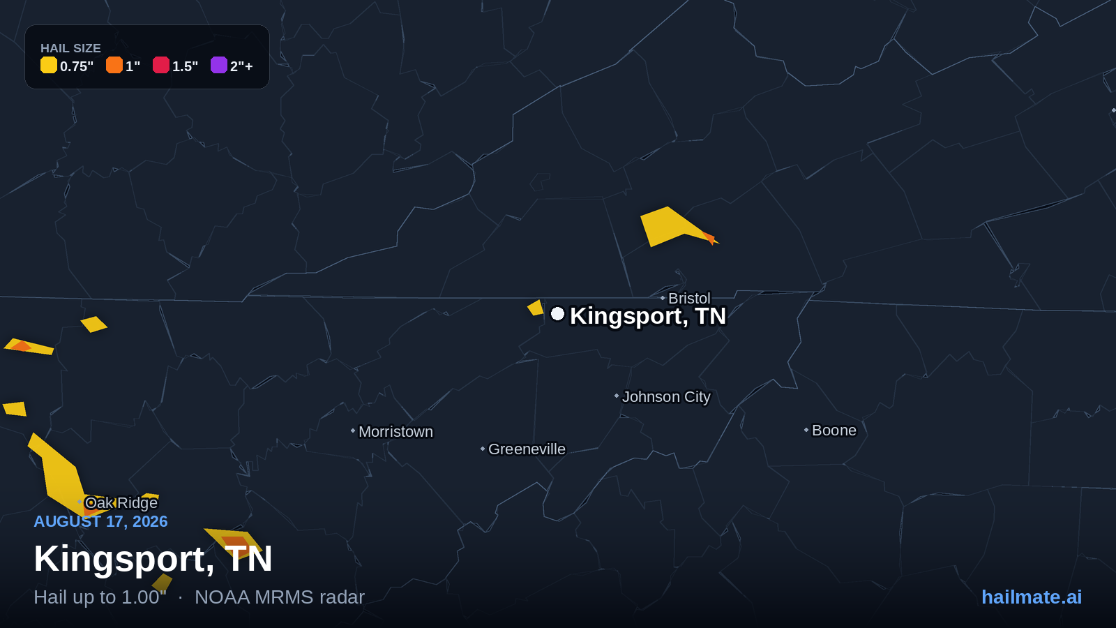 Hail swath map showing 1.00 inch hail over Kingsport, Tennessee on August 17, 2026.