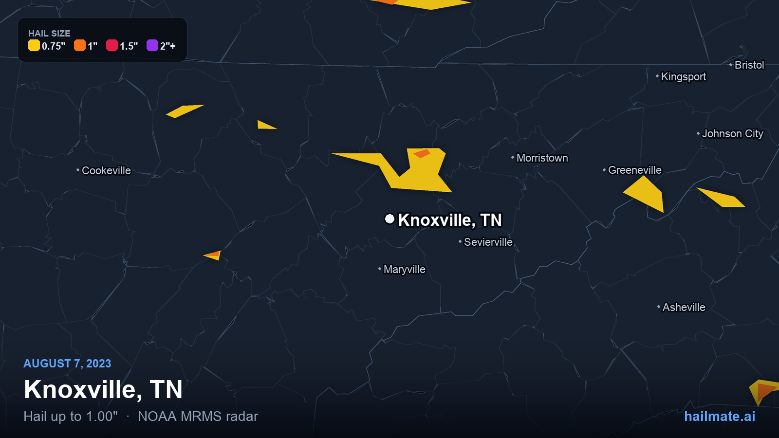 Hail swath map for Knoxville, TN on August 7, 2023 showing 1.00 inch hail.