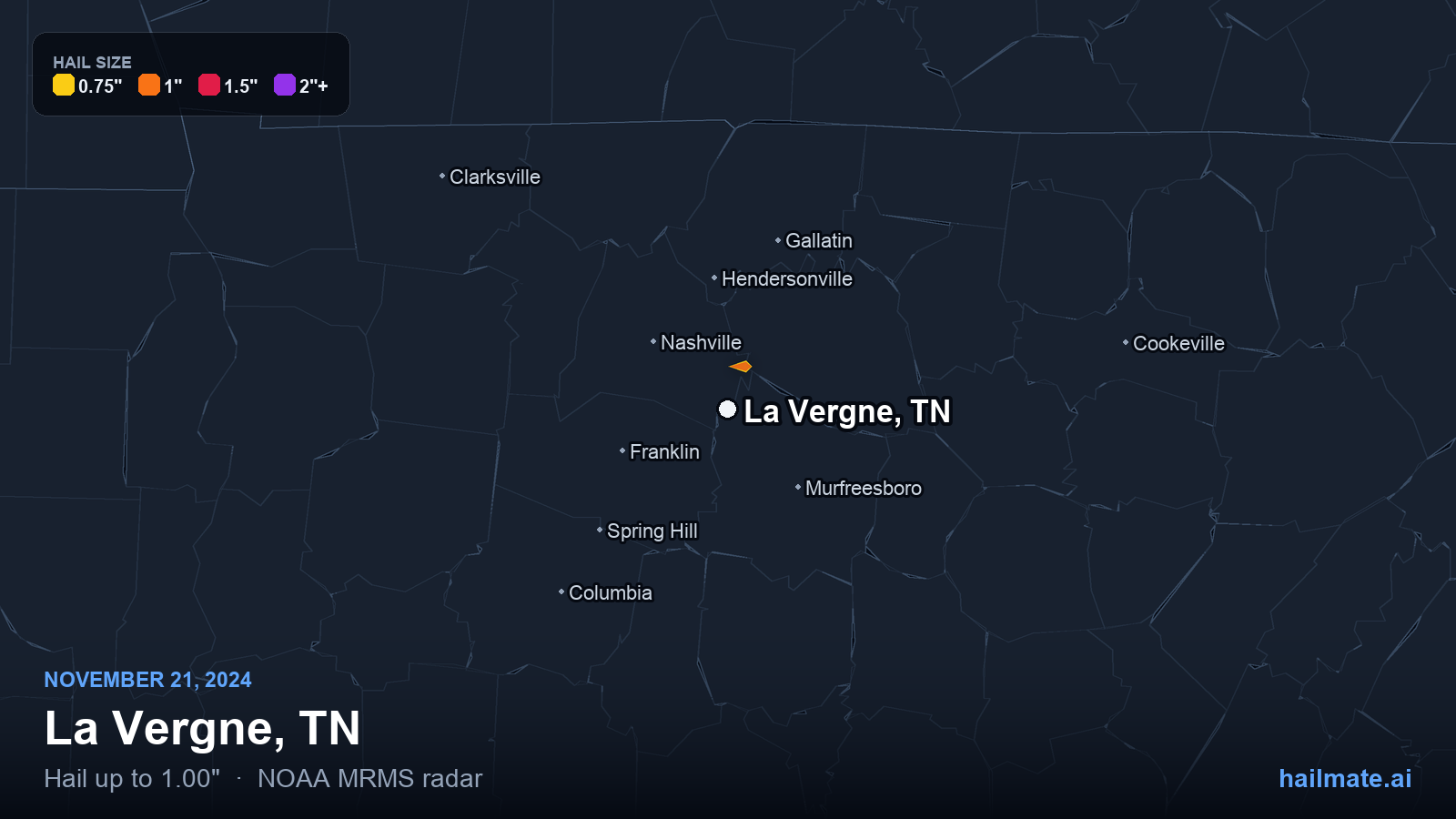 Hail swath map for La Vergne, TN on November 21, 2024 showing 1.00 inch hail.