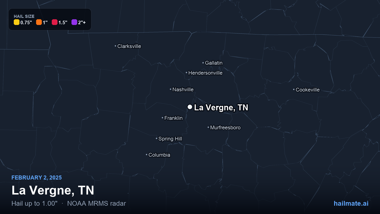 Hail swath map for La Vergne, TN on February 2, 2025 showing 1.00 inch hail.