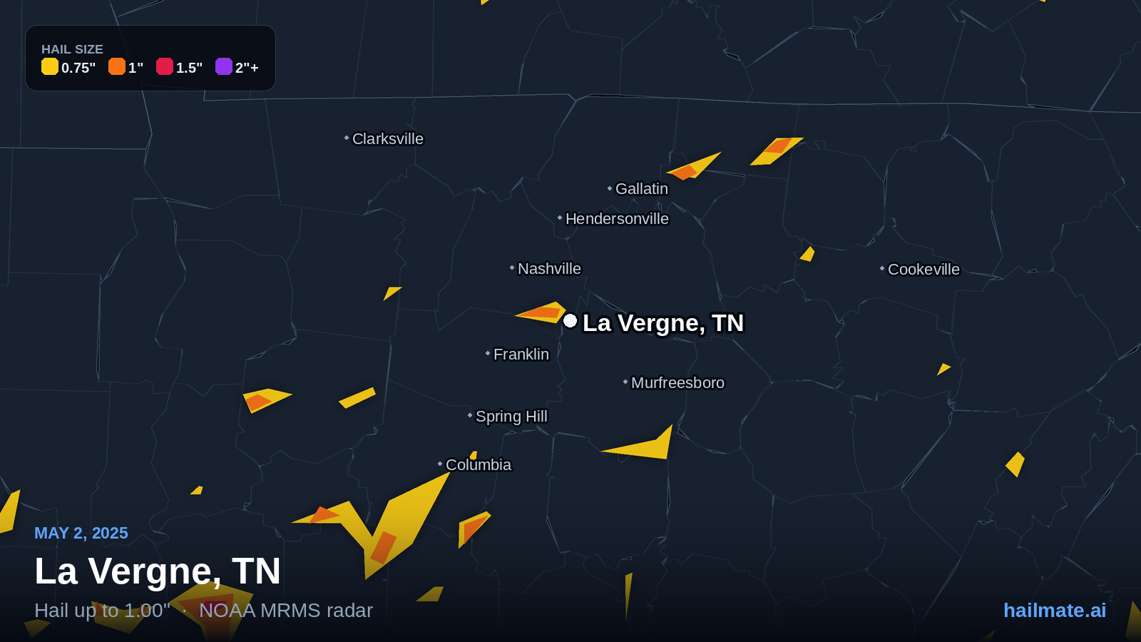 Hail swath map for La Vergne, TN on May 2, 2025 showing 1.00 inch hail.