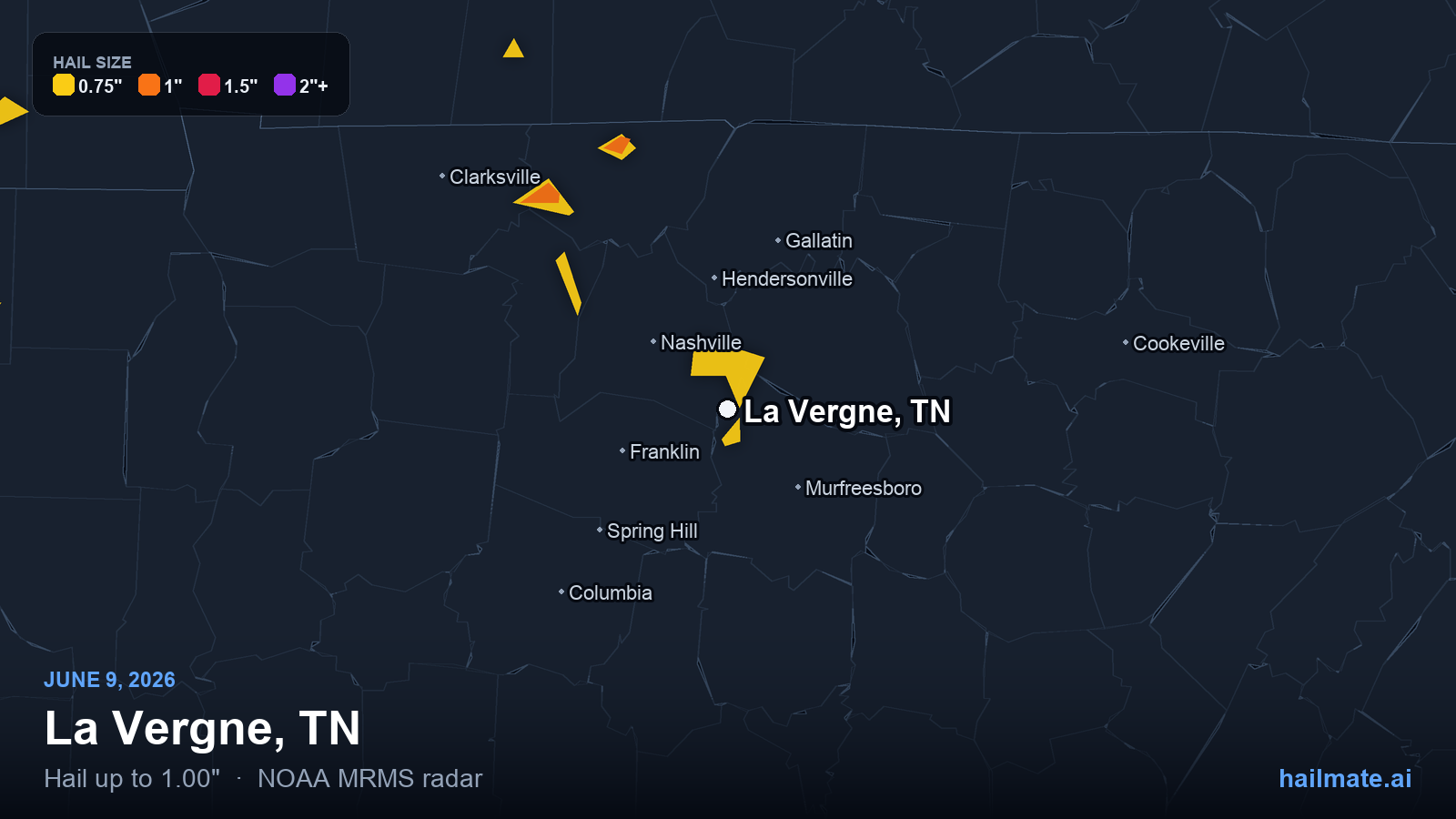 Hail swath map for La Vergne, TN on June 9, 2026 showing 1.00 inch hail.