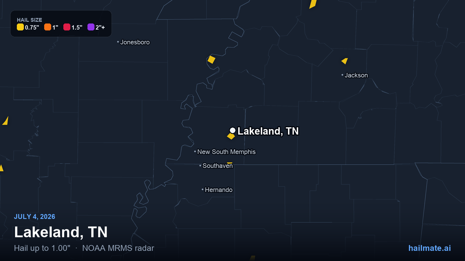 Hail swath map for Lakeland, TN on July 4, 2026 showing 1.00 inch hail.