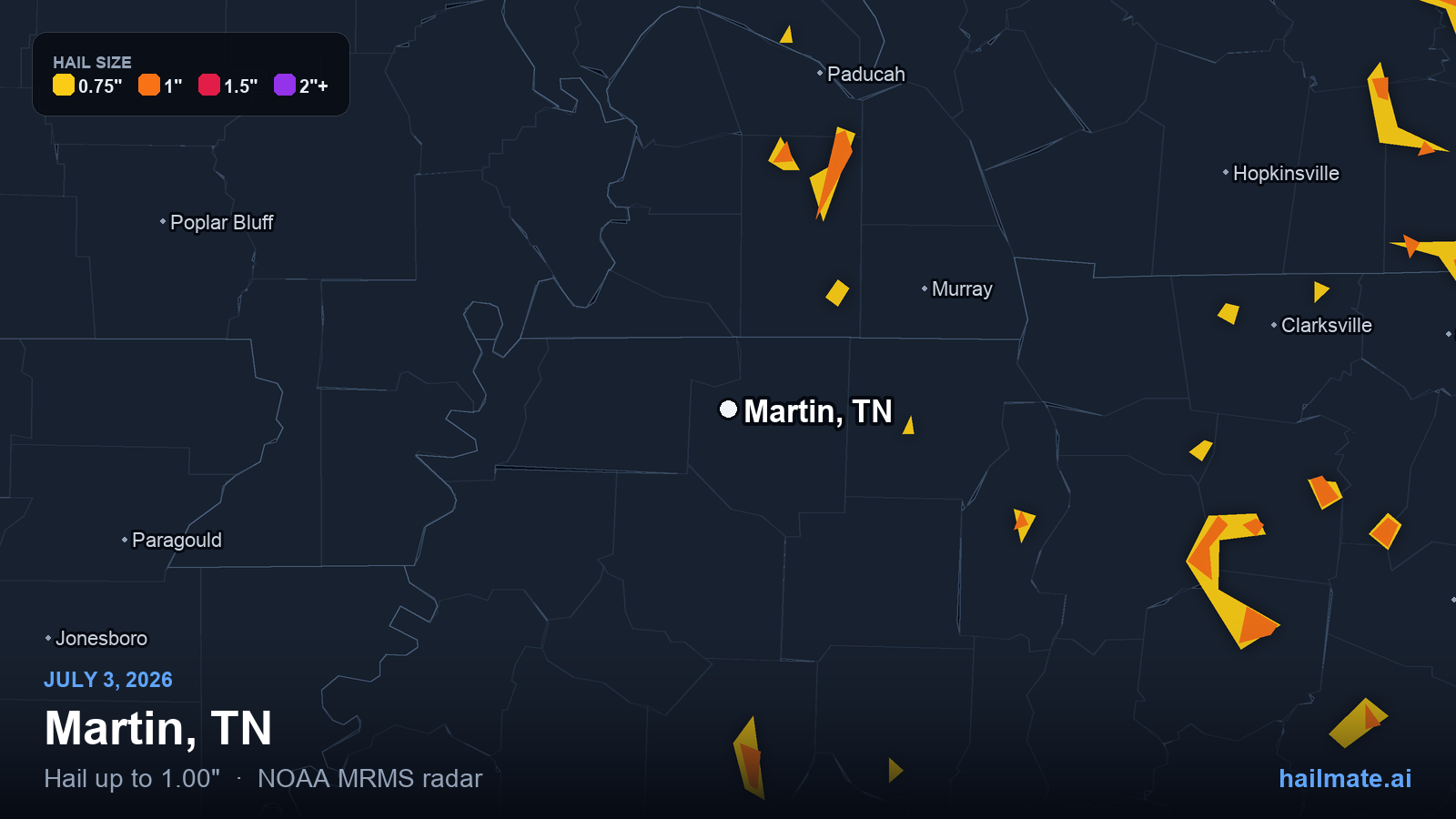 Hail swath map for Martin, TN on July 3, 2026 showing 1.00 inch hail.