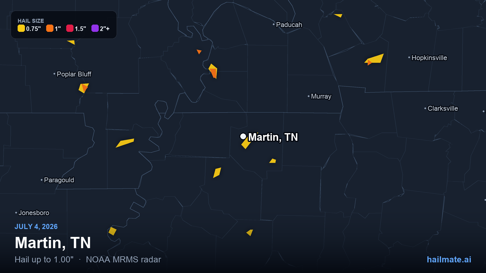 Hail swath map for Martin, TN on July 4, 2026 showing 1.00 inch hail.