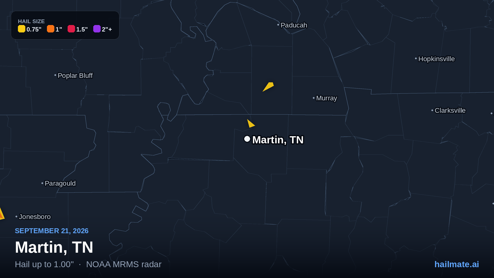 Hail swath map for Martin, TN on September 21, 2026 showing 1.00 inch hail.