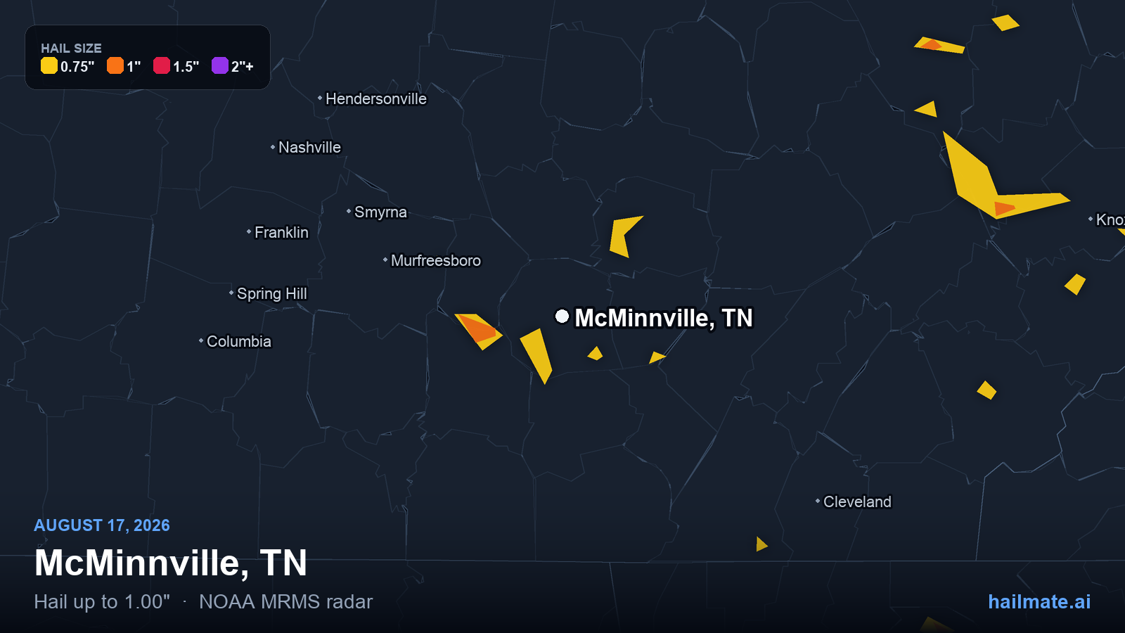 Hail swath map for McMinnville, TN on August 17, 2026 showing 1.00 inch hail.