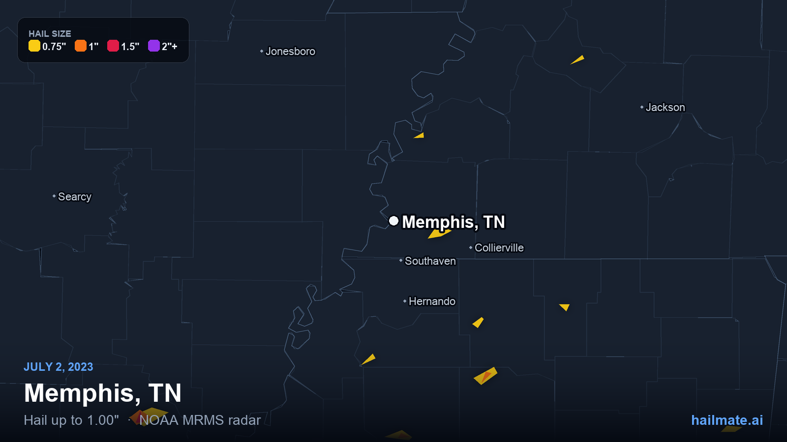 Hail swath map for Memphis, TN on July 2, 2023 showing 1.00 inch hail.