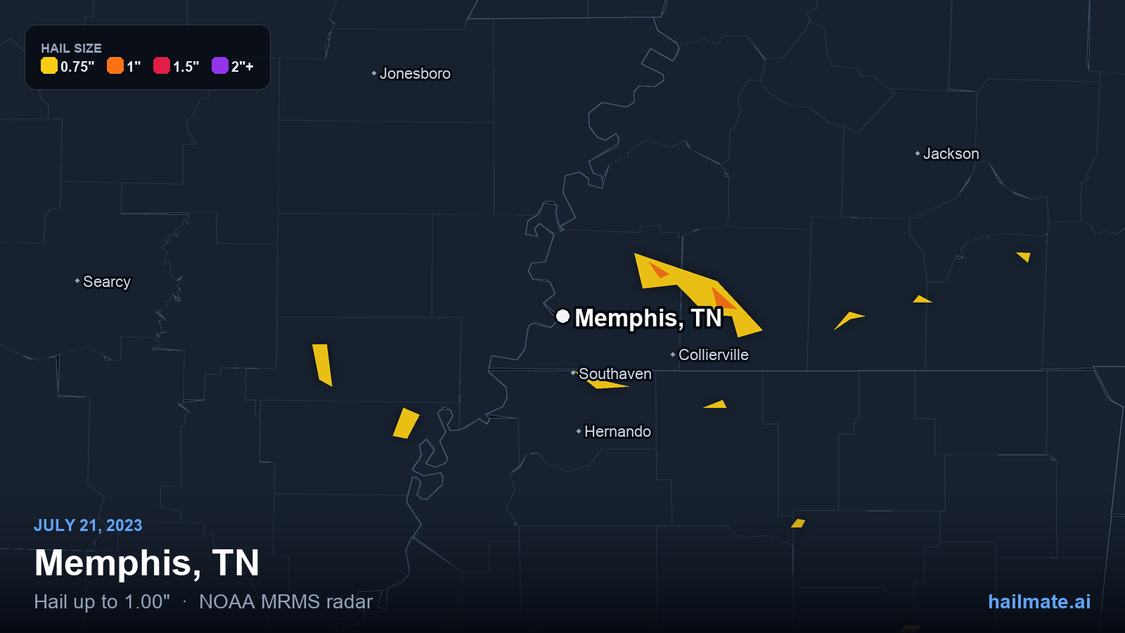 Hail swath map for Memphis, TN on July 21, 2023 showing 1.00 inch hail.