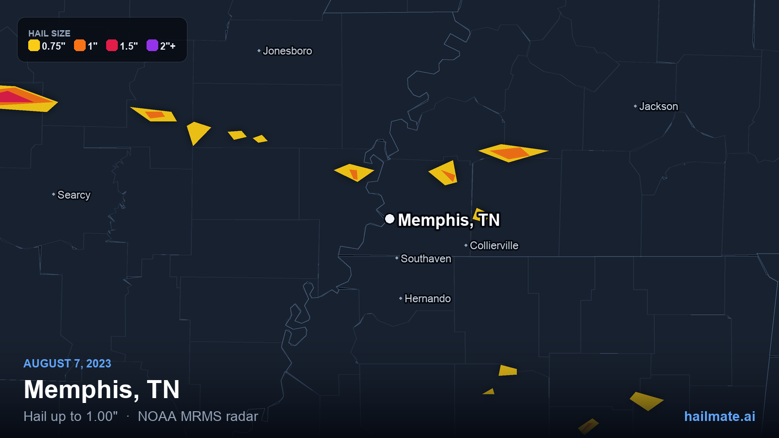 Hail swath map for Memphis, TN on August 7, 2023 showing 1.00 inch hail.
