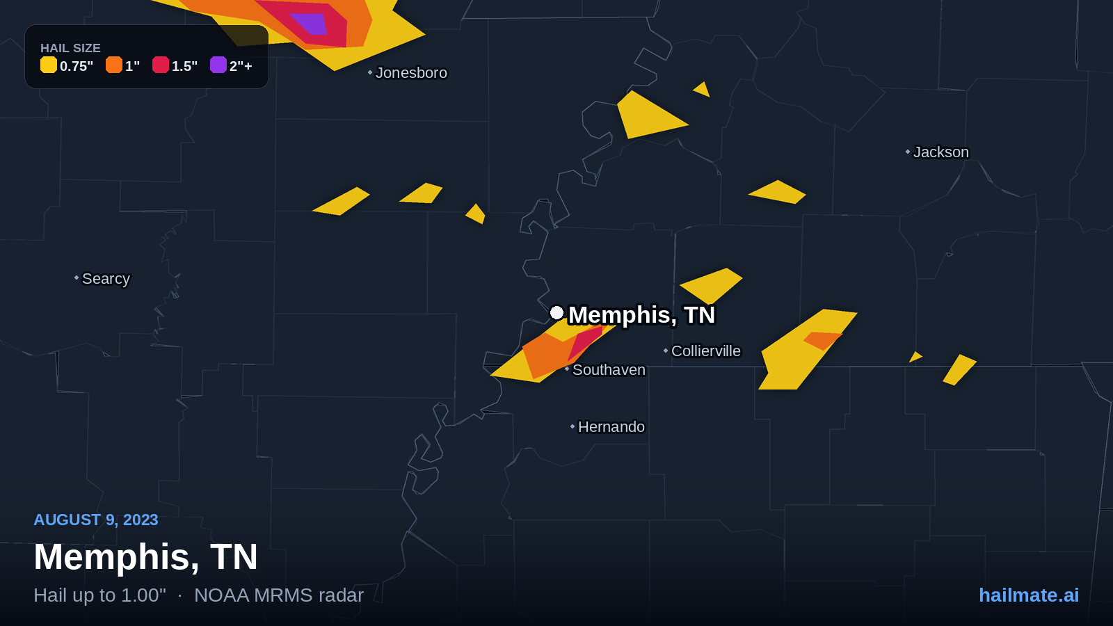 Hail swath map for Memphis, TN on August 9, 2023 showing 1.00 inch hail.