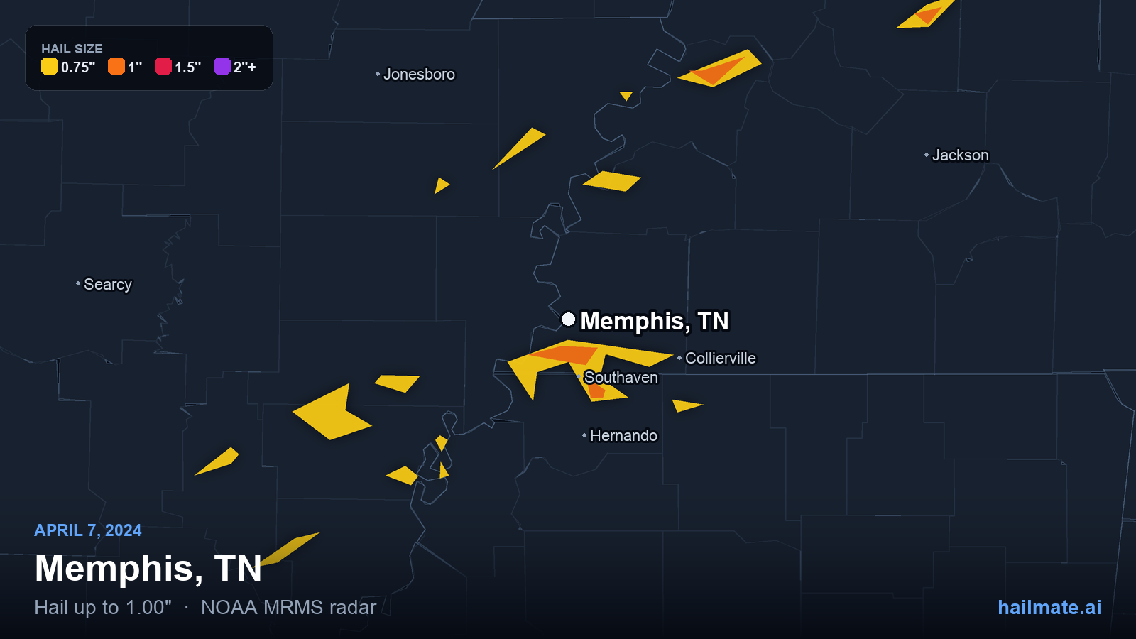 Hail swath map for Memphis, TN on April 7, 2024 showing 1.00 inch hail.