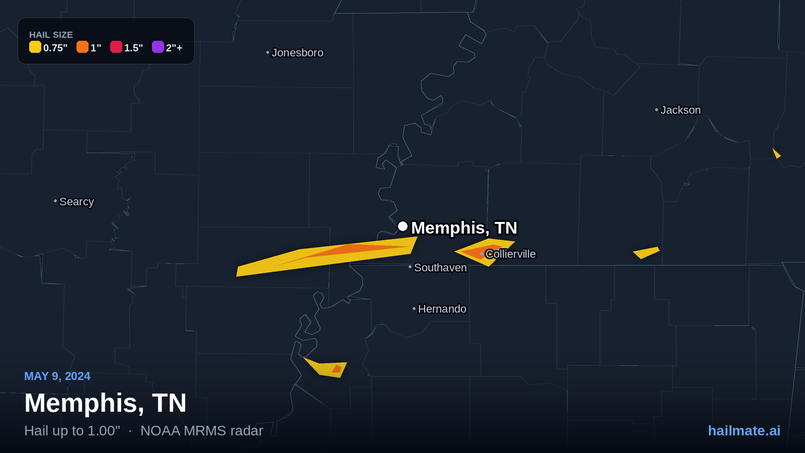 Hail swath map for Memphis, TN on May 9, 2024 showing 1.00 inch hail.