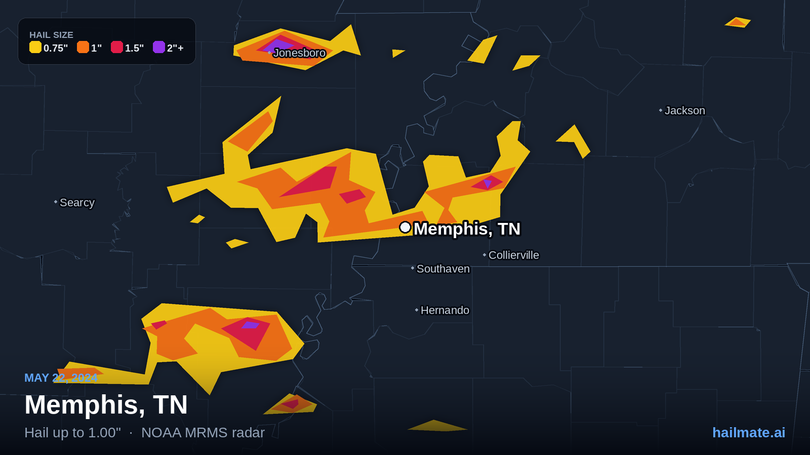 Hail swath map for Memphis, TN on May 22, 2024 showing 1.00 inch hail.
