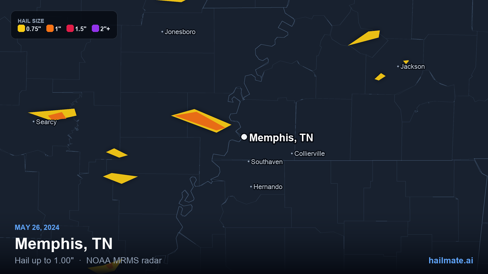 Hail swath map for Memphis, TN on May 26, 2024 showing 1.00 inch hail.