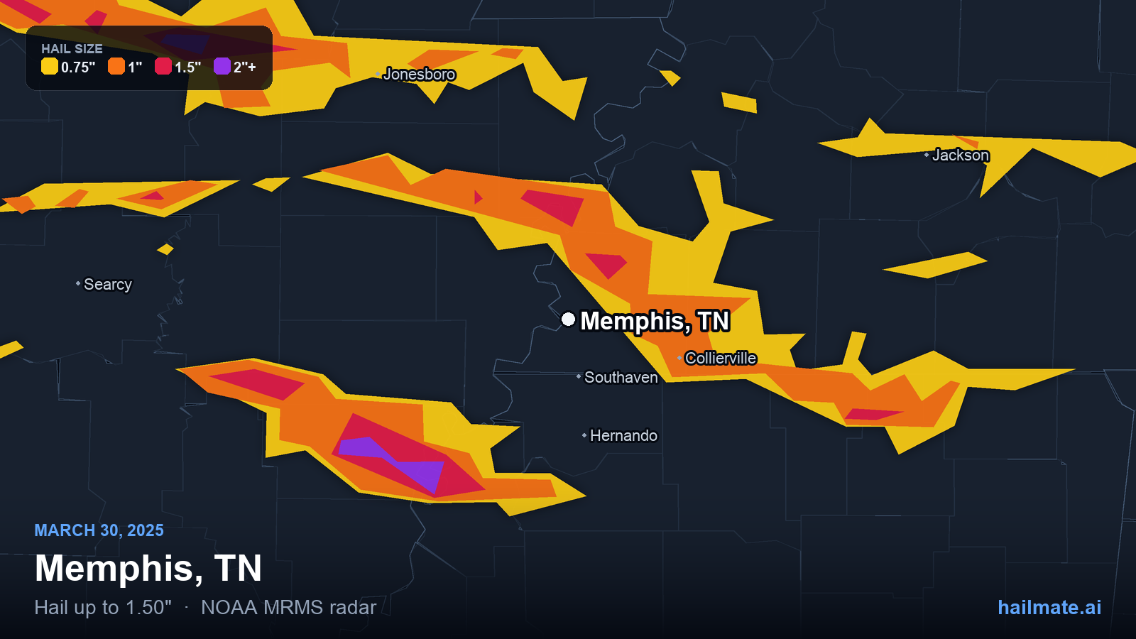 Hail swath map for Memphis, TN on March 30, 2025 showing 1.50 inch hail.