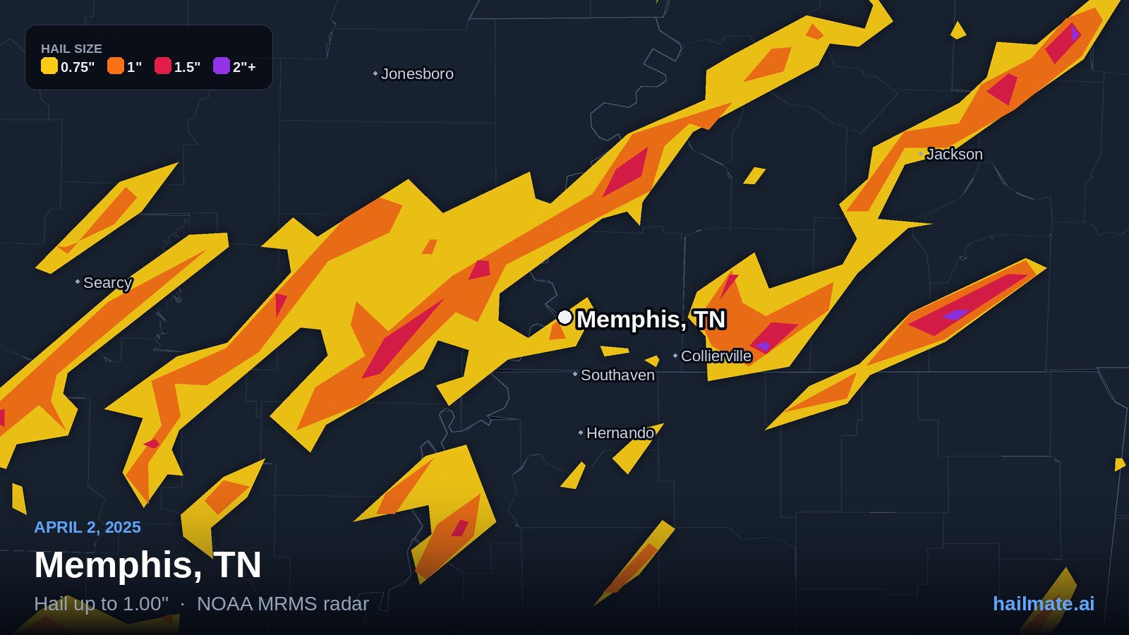 Hail swath map for Memphis, TN on April 2, 2025 showing 1.00 inch hail.