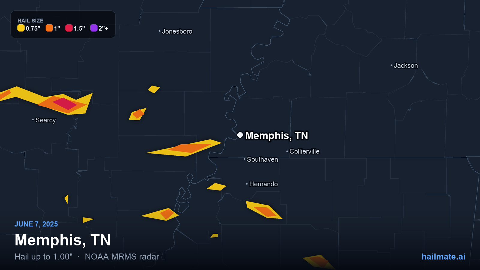 Hail swath map for Memphis, TN on June 7, 2025 showing 1.00 inch hail.