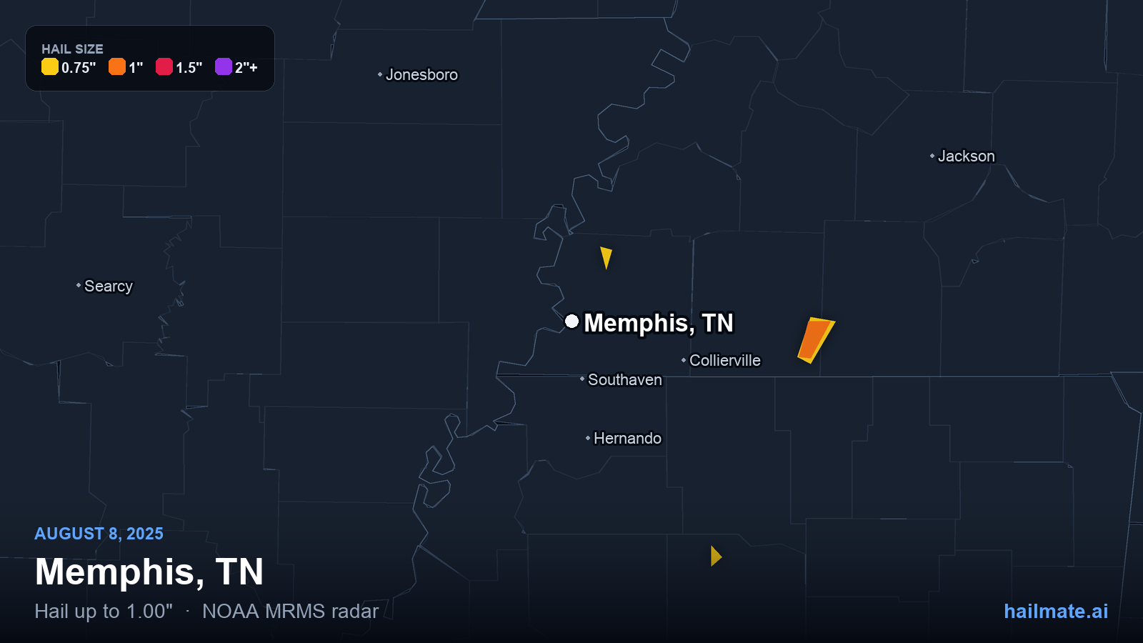 Hail swath map for Memphis, TN on August 8, 2025 showing 1.00 inch hail.
