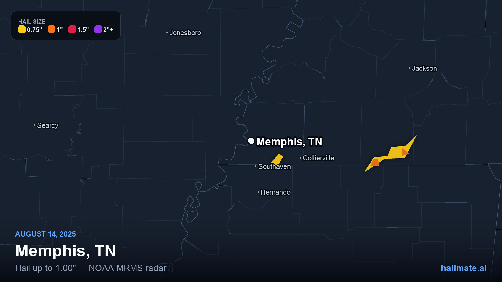 Hail swath map for Memphis, TN on August 14, 2025 showing 1.00 inch hail.