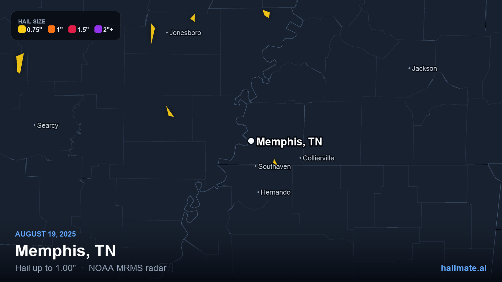 Hail swath map for Memphis, TN on August 19, 2025 showing 1.00 inch hail.