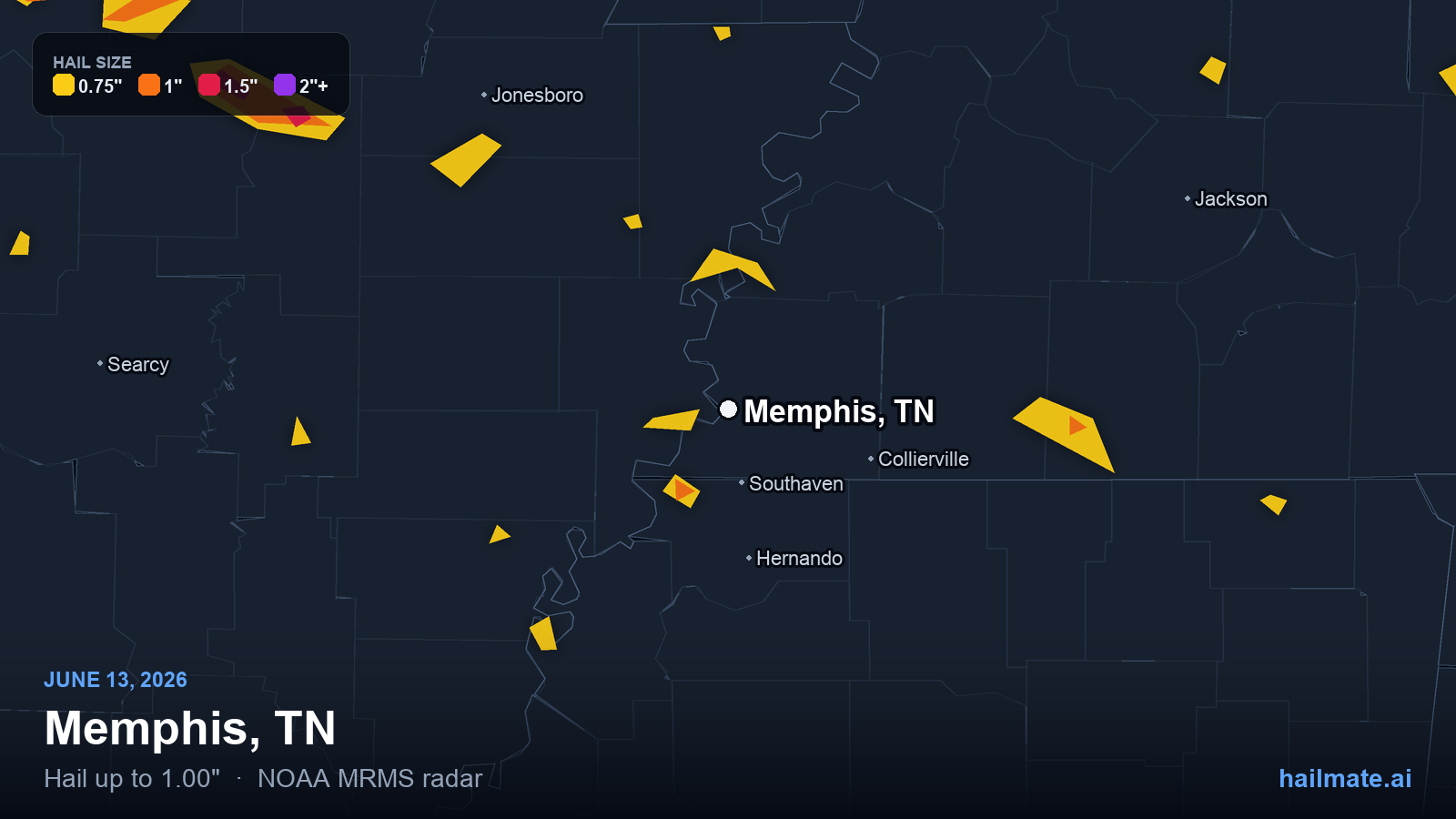 Hail swath map for Memphis, TN on June 13, 2026 showing 1.00 inch hail.