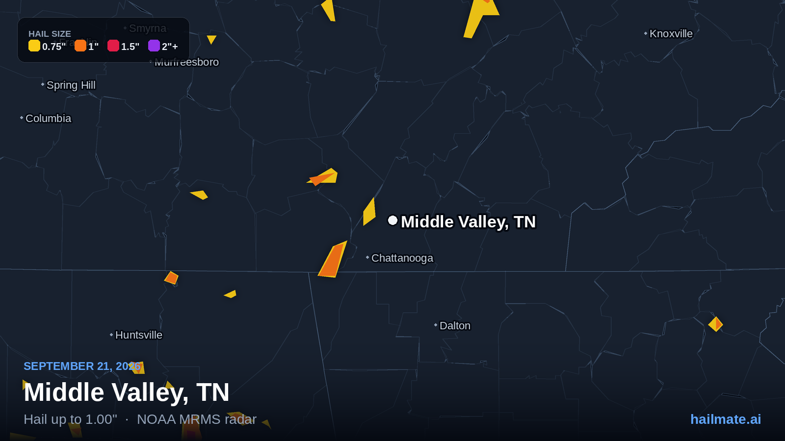 Hail swath map for Middle Valley, TN on September 21, 2026 showing 1.00 inch hail.