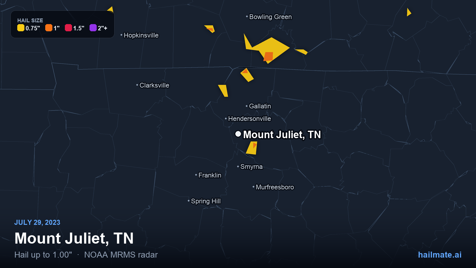 Hail swath map for Mount Juliet, TN on July 29, 2023 showing 1.00 inch hail.