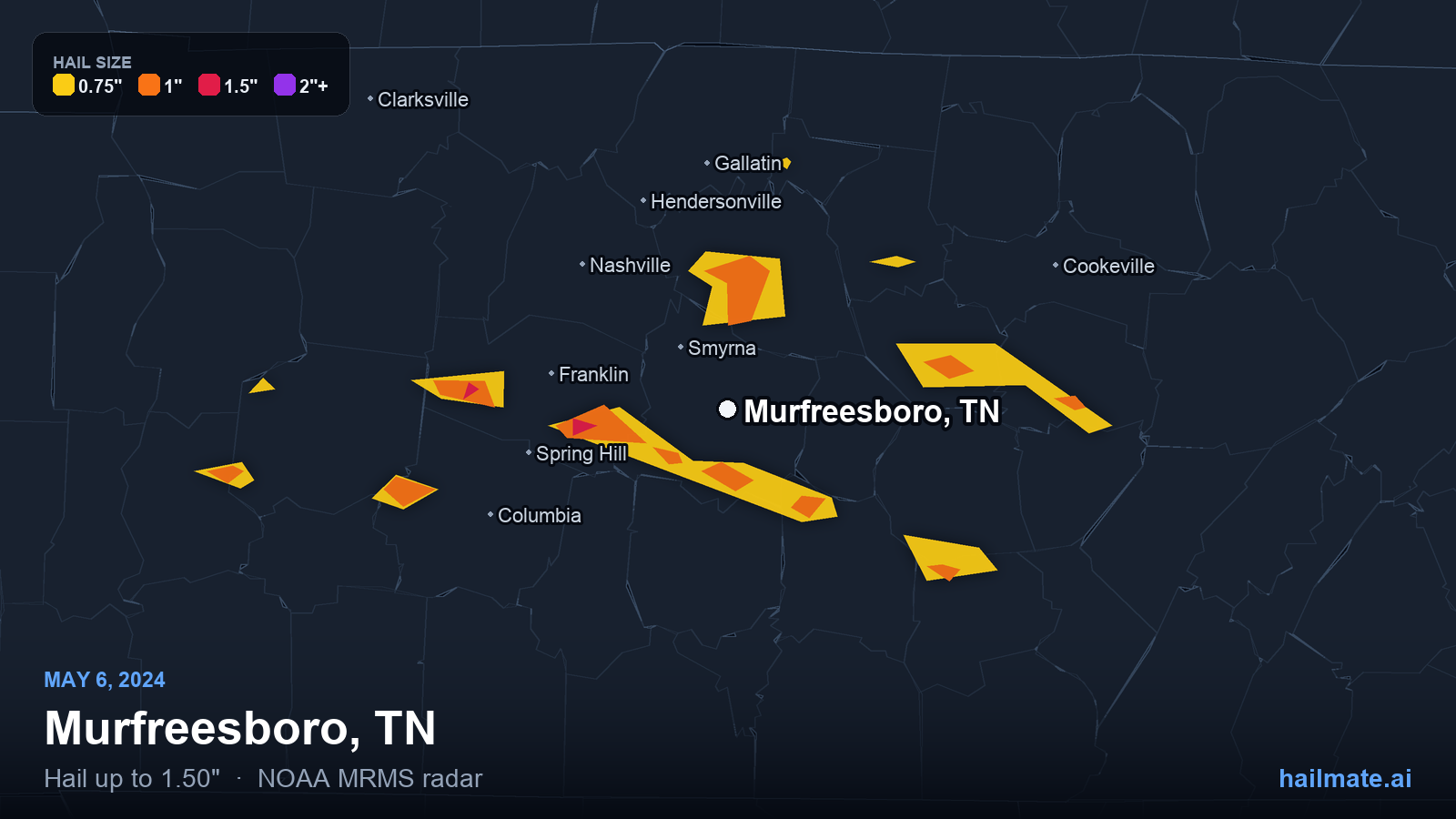 Hail swath map for Murfreesboro, TN on May 6, 2024 showing 1.50 inch hail.