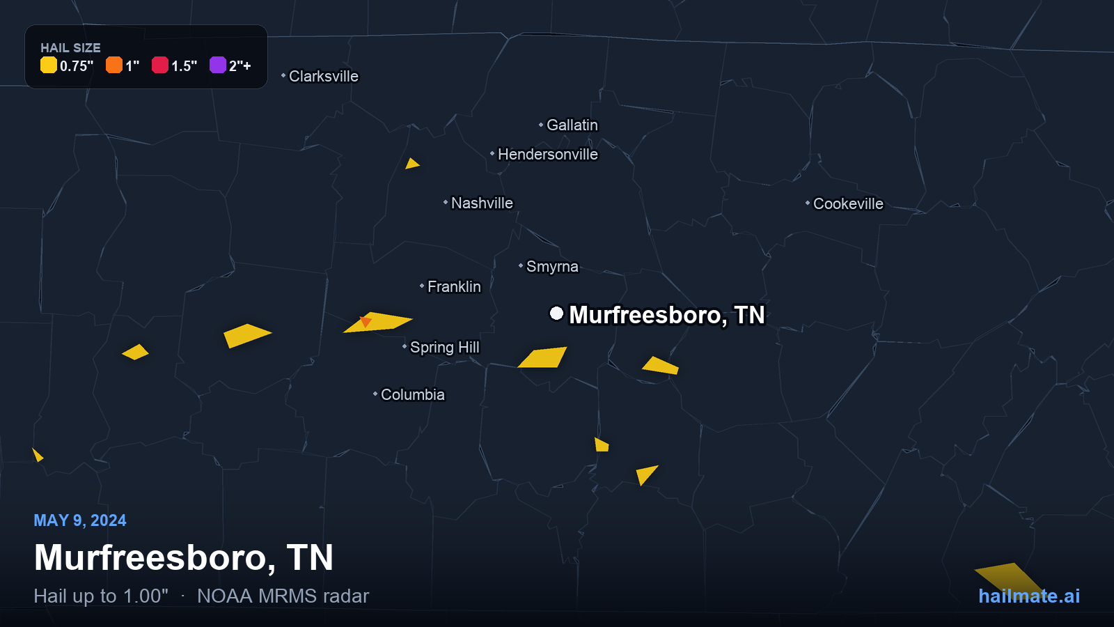 Hail swath map for Murfreesboro, TN on May 9, 2024 showing 1.00 inch hail.