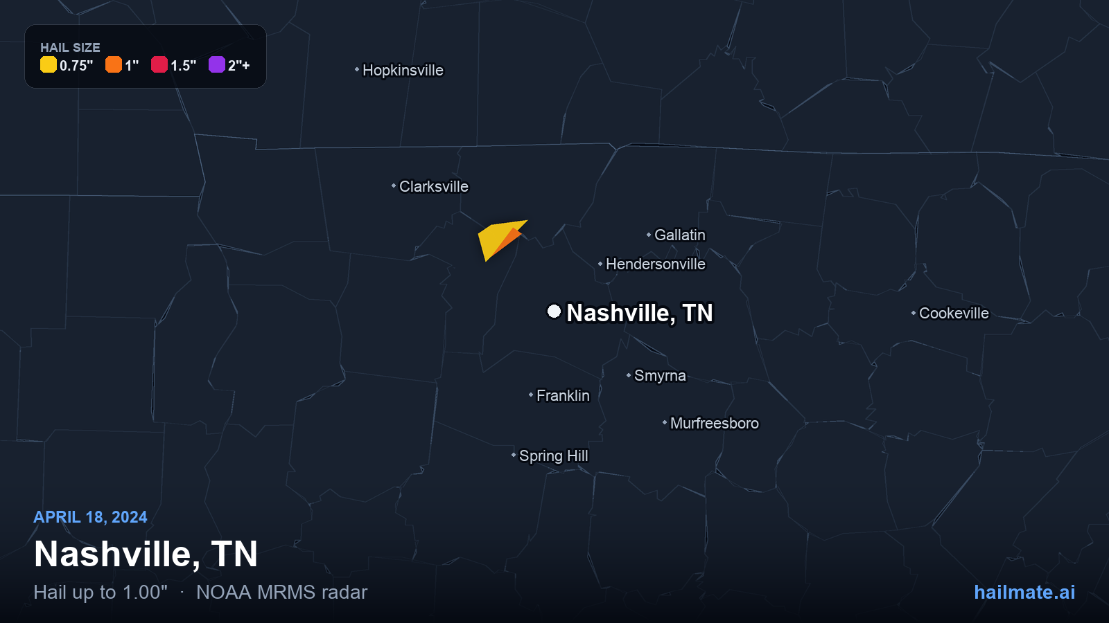 Hail swath map for Nashville, TN on April 18, 2024 showing 1.00 inch hail.