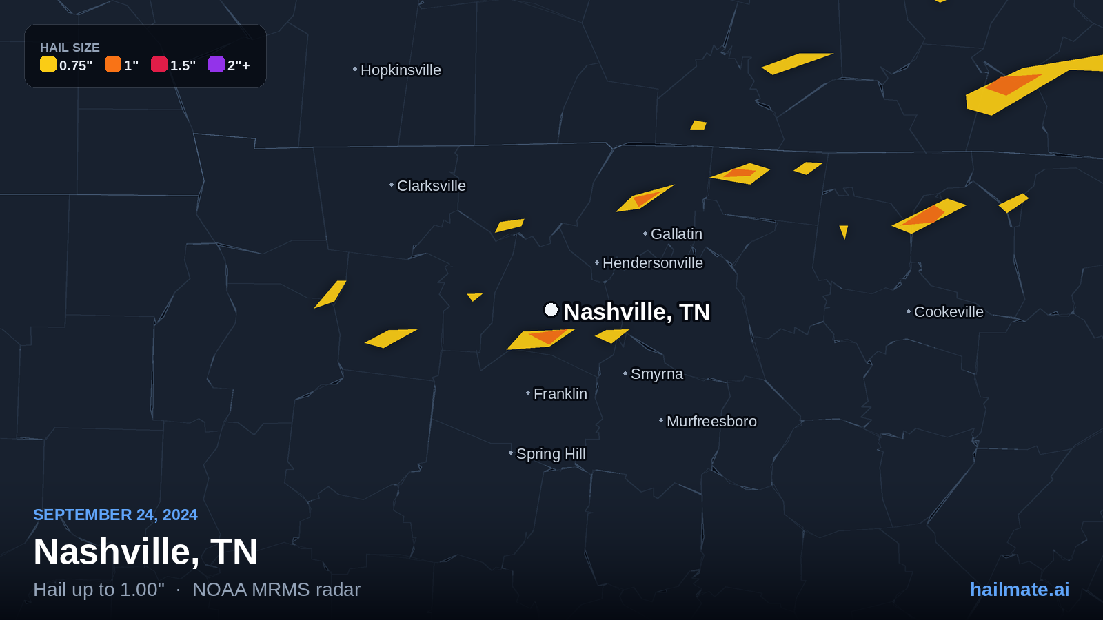 Hail swath map for Nashville, TN on September 24, 2024 showing 1.00 inch hail.