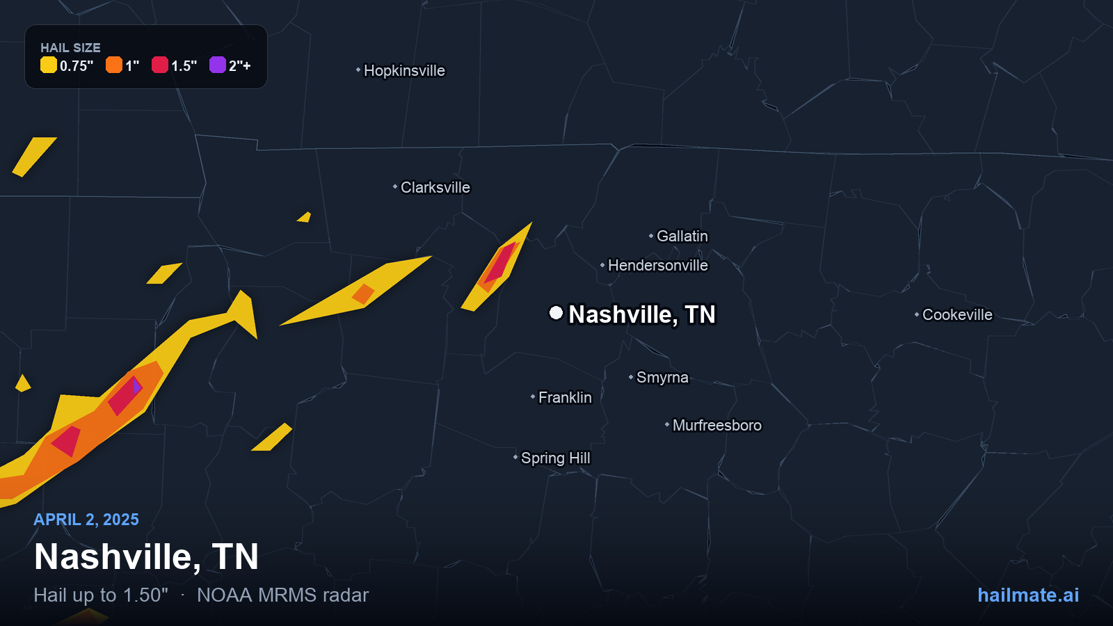 Hail swath map for Nashville, TN on April 2, 2025 showing 1.50 inch hail.