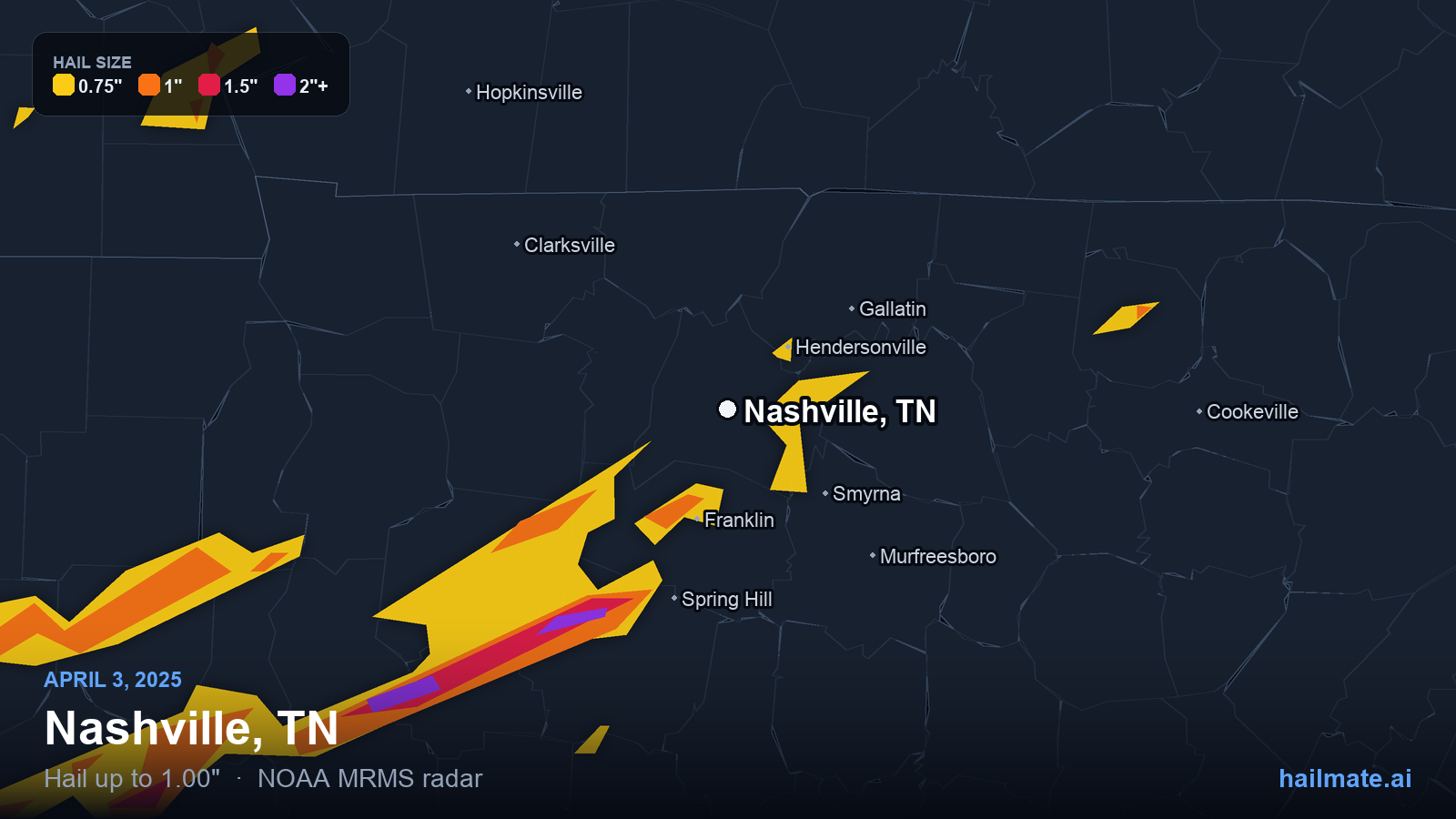 Hail swath map for Nashville, TN on April 3, 2025 showing 1.00 inch hail.