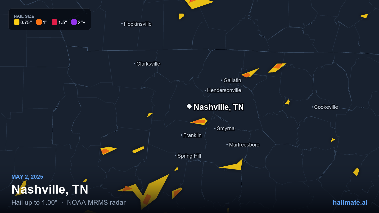 Hail swath map for Nashville, TN on May 2, 2025 showing 1.00 inch hail.