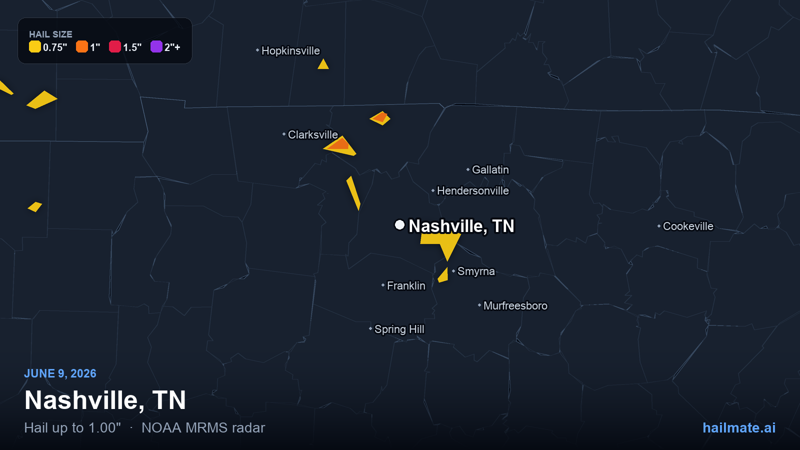 Hail swath map for Nashville, TN on June 9, 2026 showing 1.00 inch hail.