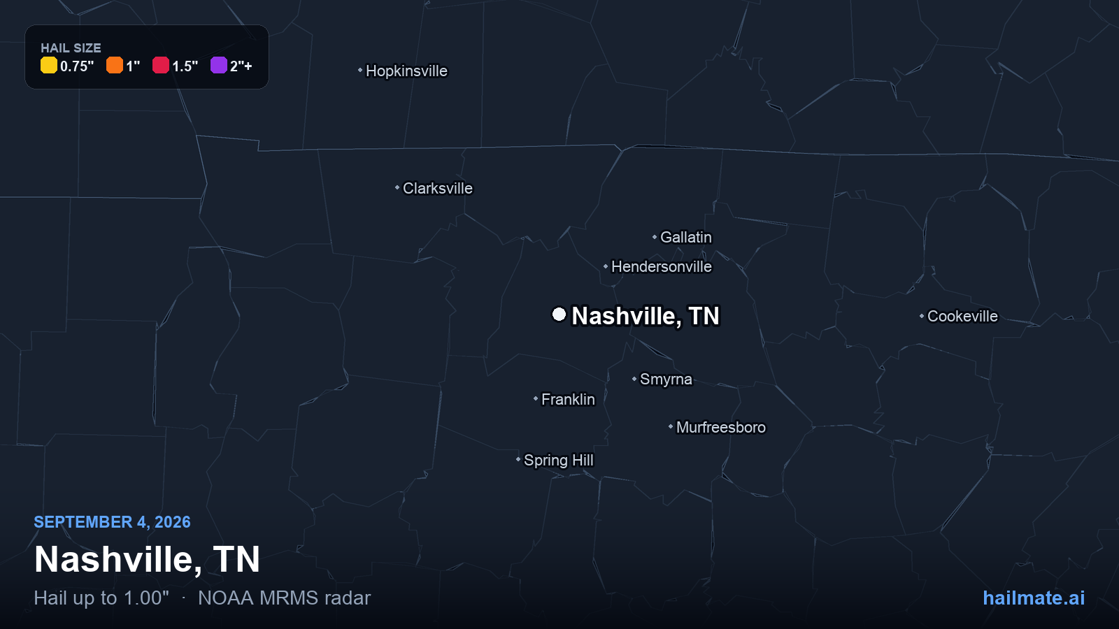 Hail swath map for Nashville, TN on September 4, 2026 showing 1.00 inch hail.