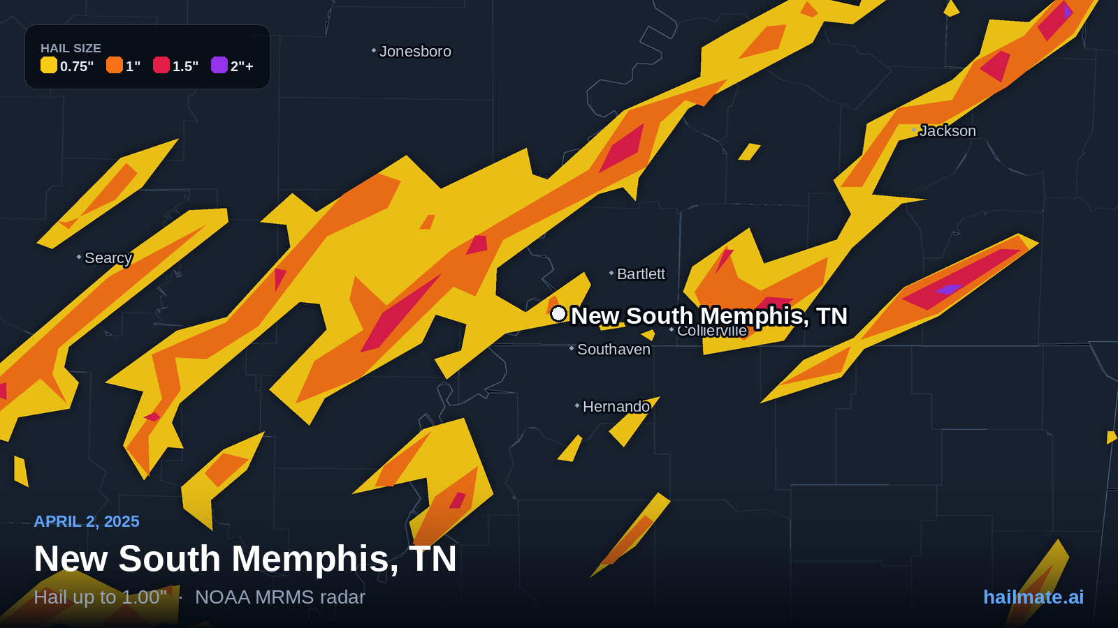 Hail swath map for New South Memphis, TN on April 2, 2025 showing 1.00 inch hail.