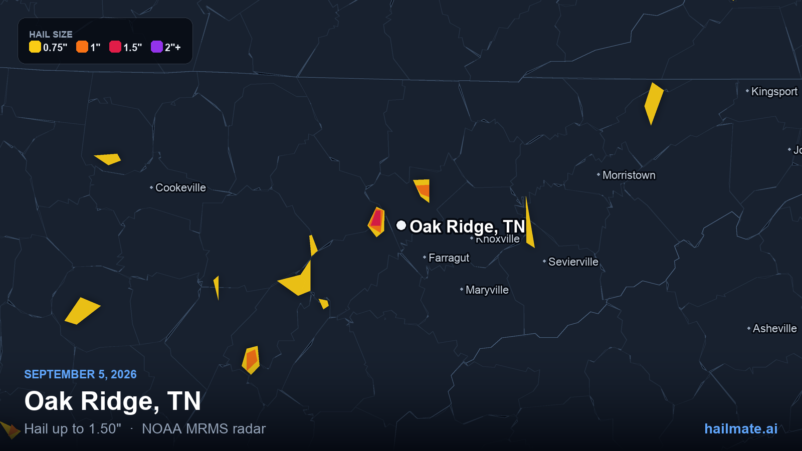 Hail swath map for Oak Ridge, TN on September 5, 2026 showing 1.50 inch hail.