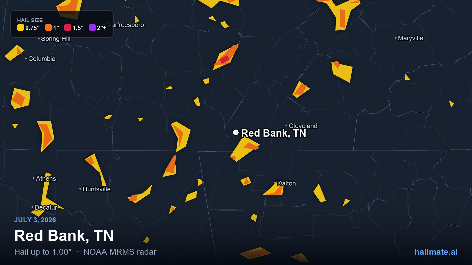 Hail swath map for Red Bank, TN on July 3, 2026 showing 1.00 inch hail.