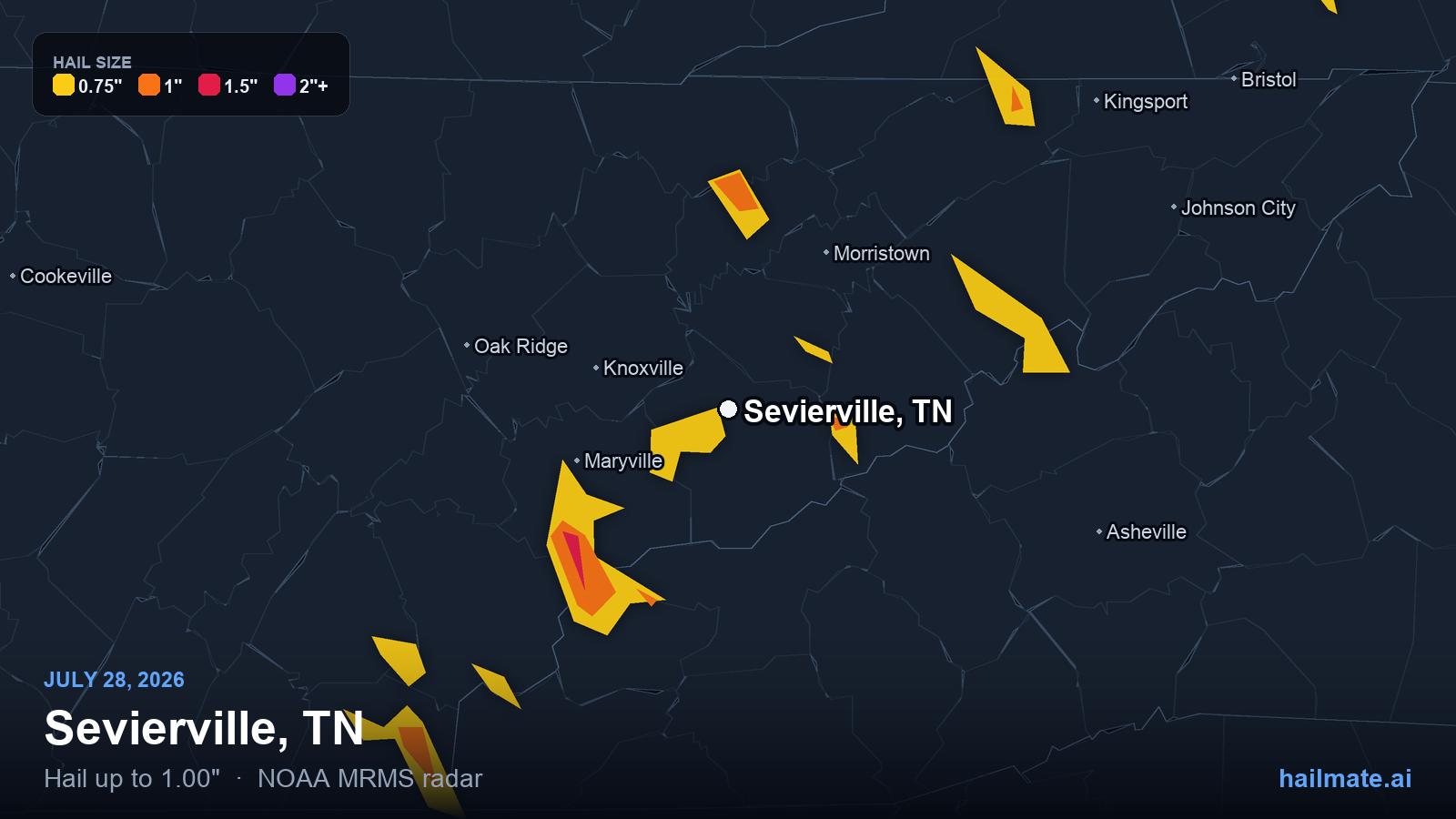 Hail swath map for Sevierville, TN on July 28, 2026 showing 1.00 inch hail.