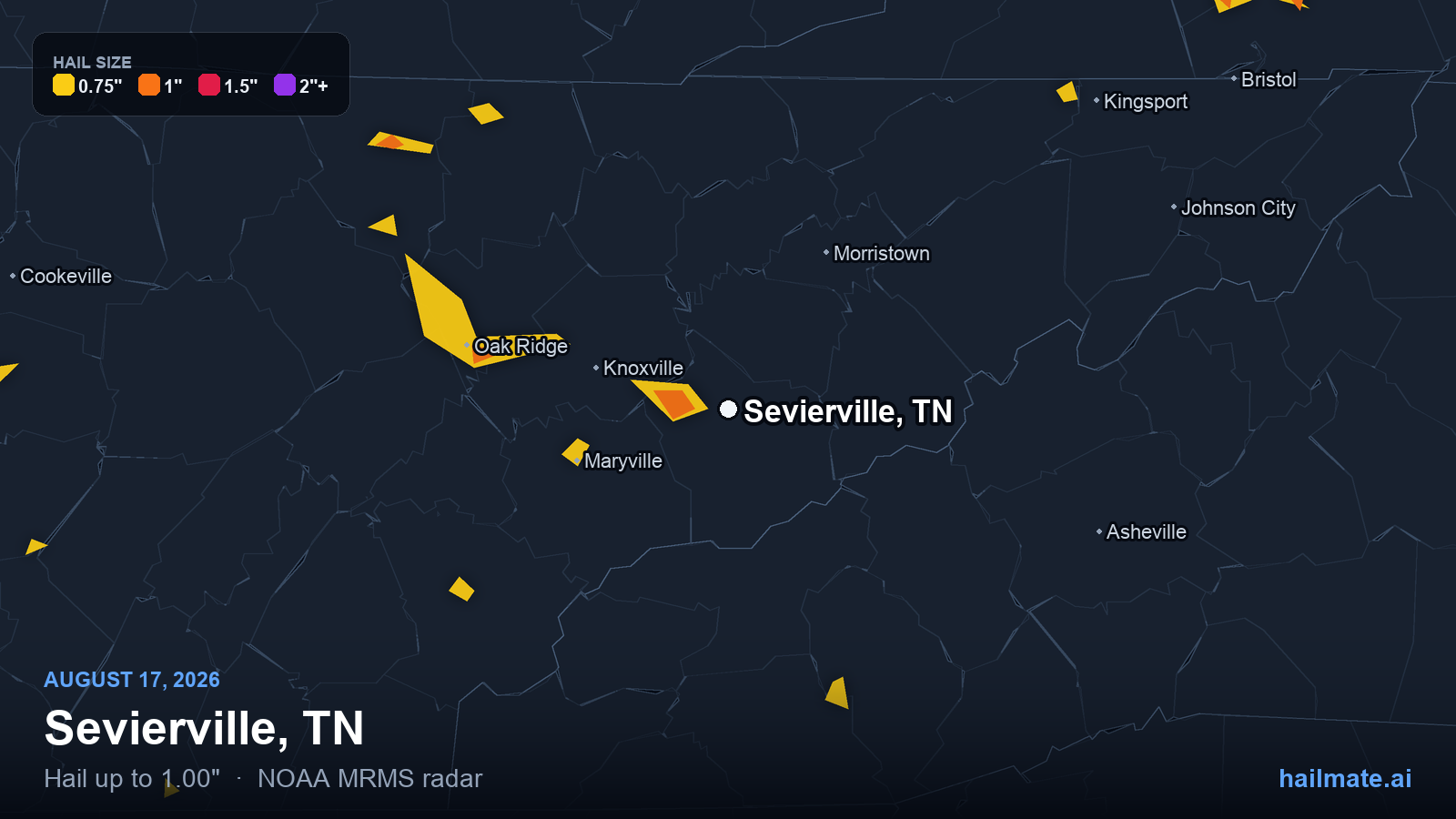 Hail swath map for Sevierville, TN on August 17, 2026 showing 1.00 inch hail.