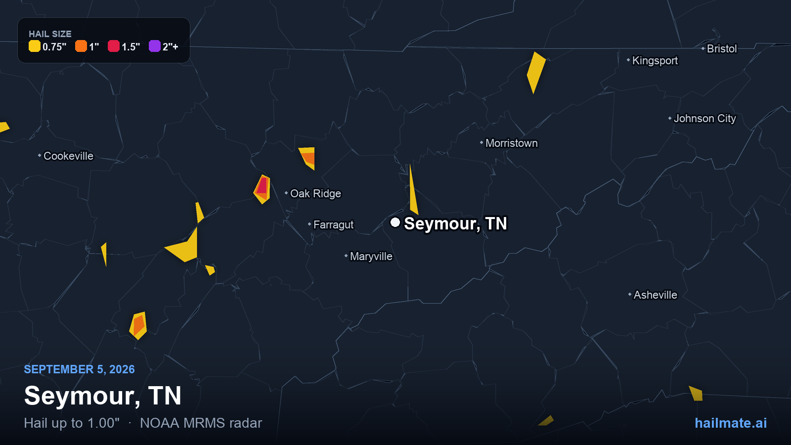 Hail swath map for Seymour, TN on September 5, 2026 showing 1.00 inch hail.