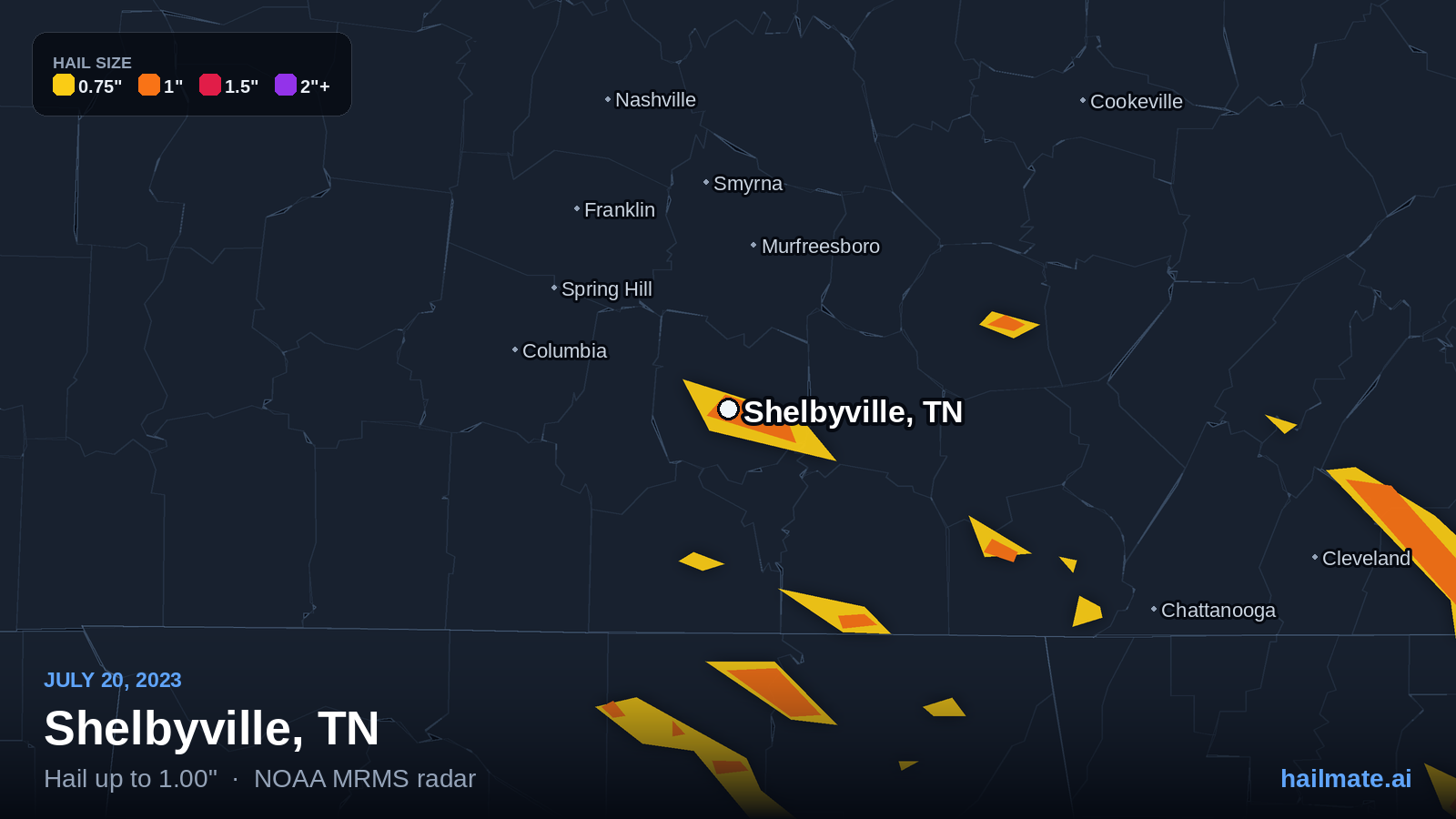 Hail swath map for Shelbyville, TN on July 20, 2023 showing 1.00 inch hail.