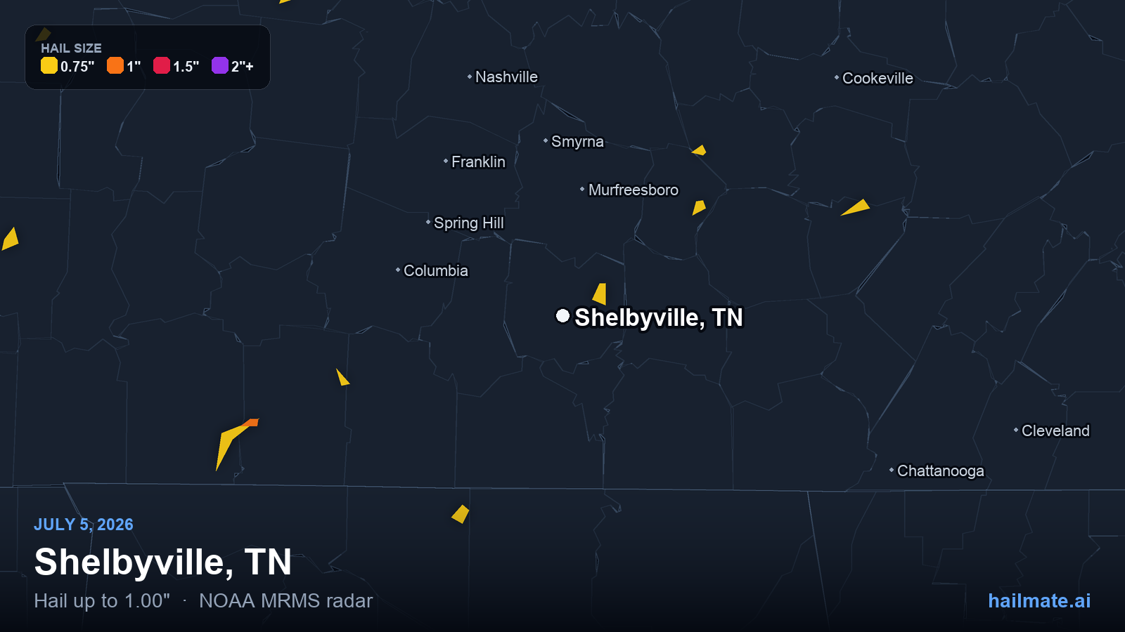 Hail swath map for Shelbyville, TN on July 5, 2026 showing 1.00 inch hail.